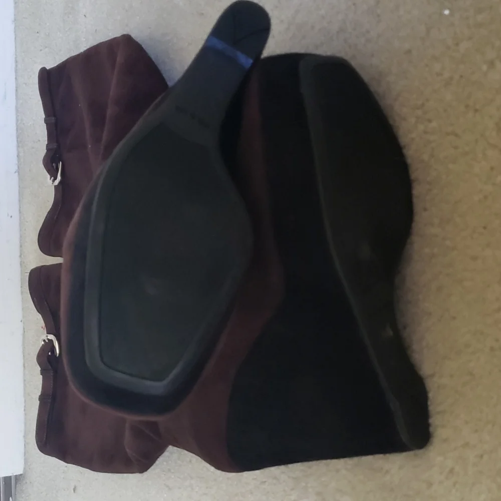 Prada Brown Suede Black Wedge Silver Buckle (just) below Knee Boots size 39.5 - Picture 2 of 6